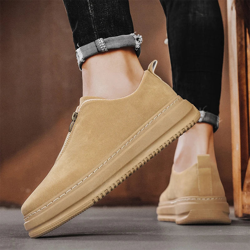 Men's Suede Leather Platform Work Shoes - Zipper Casual Business Sneakers