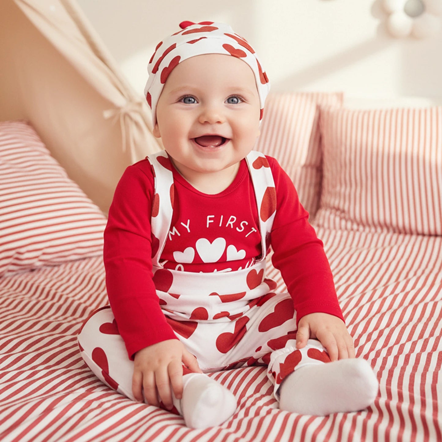 Baby Boys Valentine's Day Outfit Set - Heart Print Romper with Suspender Pants & Hat 0-18M
