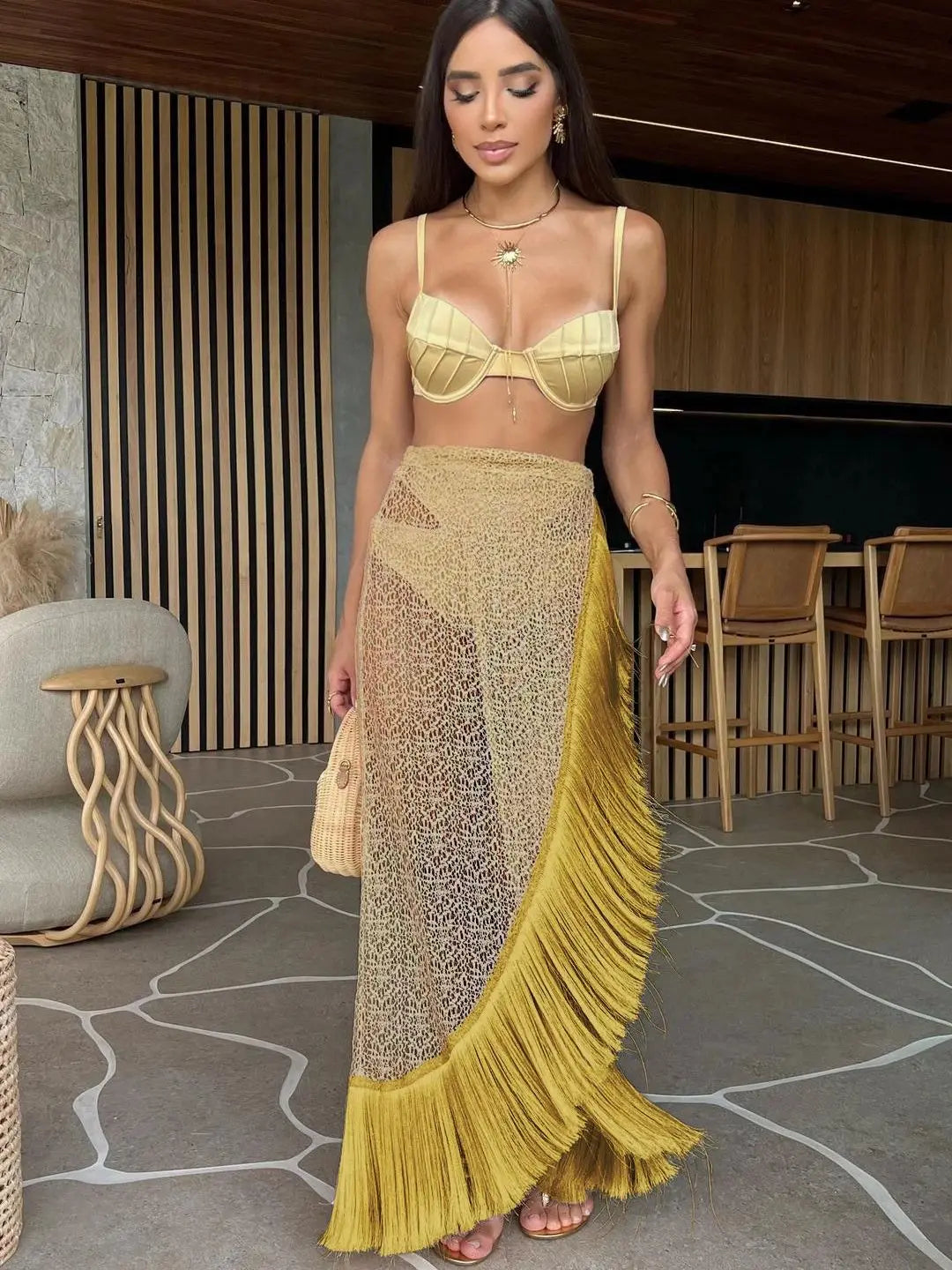 Women's 3-Piece Solid Bikini Set - Padded Bra, Tassel High Waist & Beach Skirt