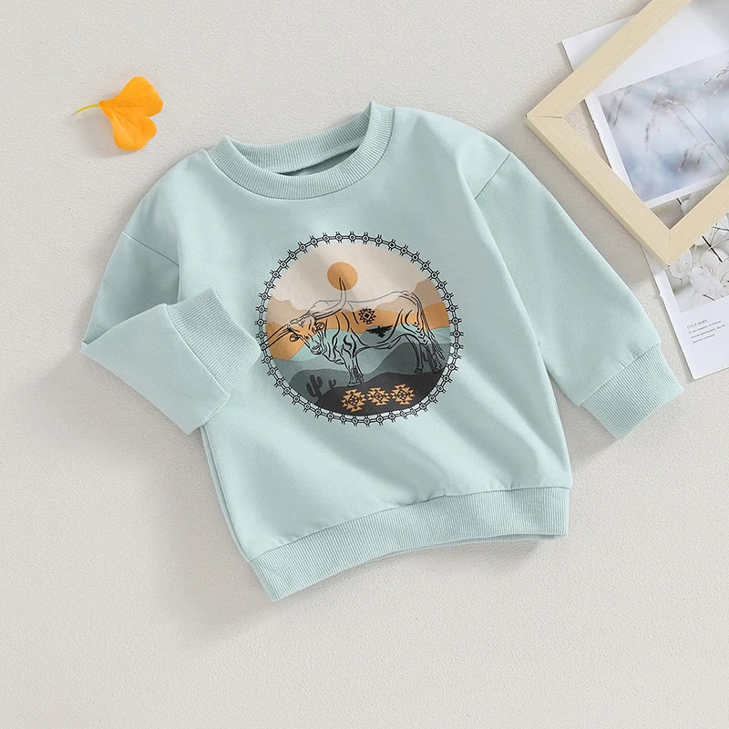 0-4Y Autumn Infant Baby Boys Girls Western T Shirts Cow Cattle Print Long Sleeve Pullover Sweatshirt Top