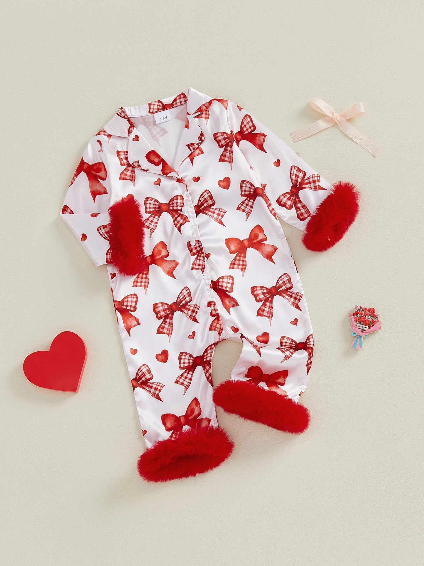 Baby Girls Romper - Heart Print Lapel Collar Jumpsuit with Fur Cuffs