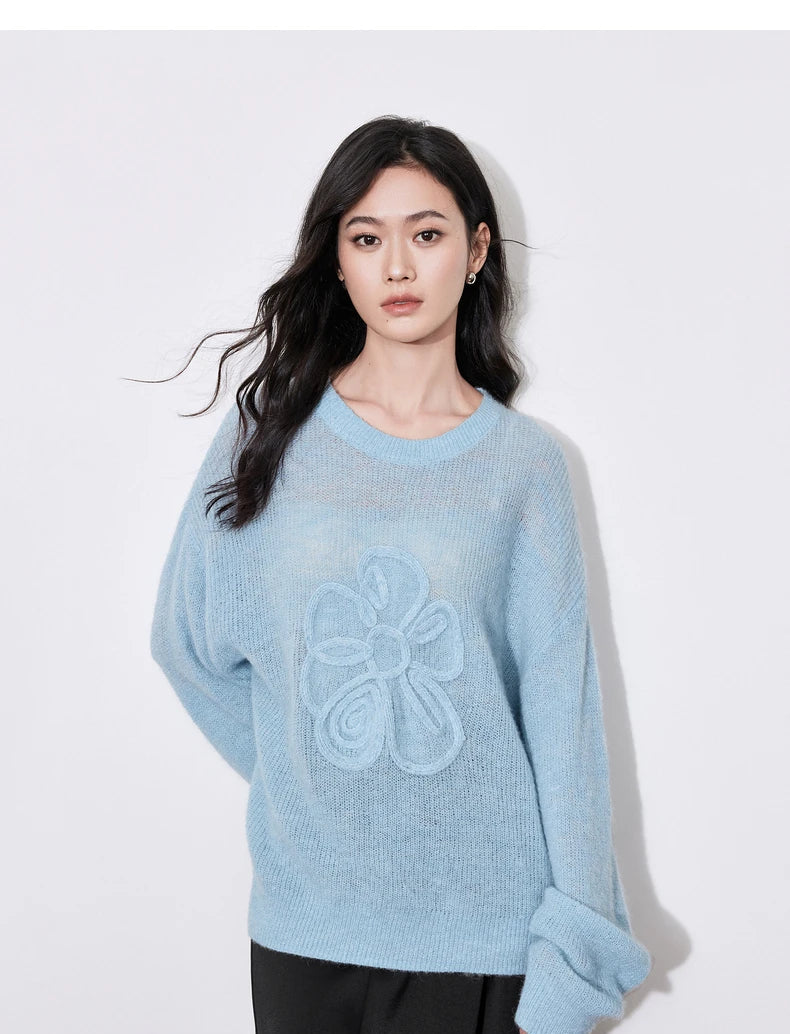 Women Knitted Flower Pattern Horse Hairy Long Sleeve Lazy Style Pullover Sweater