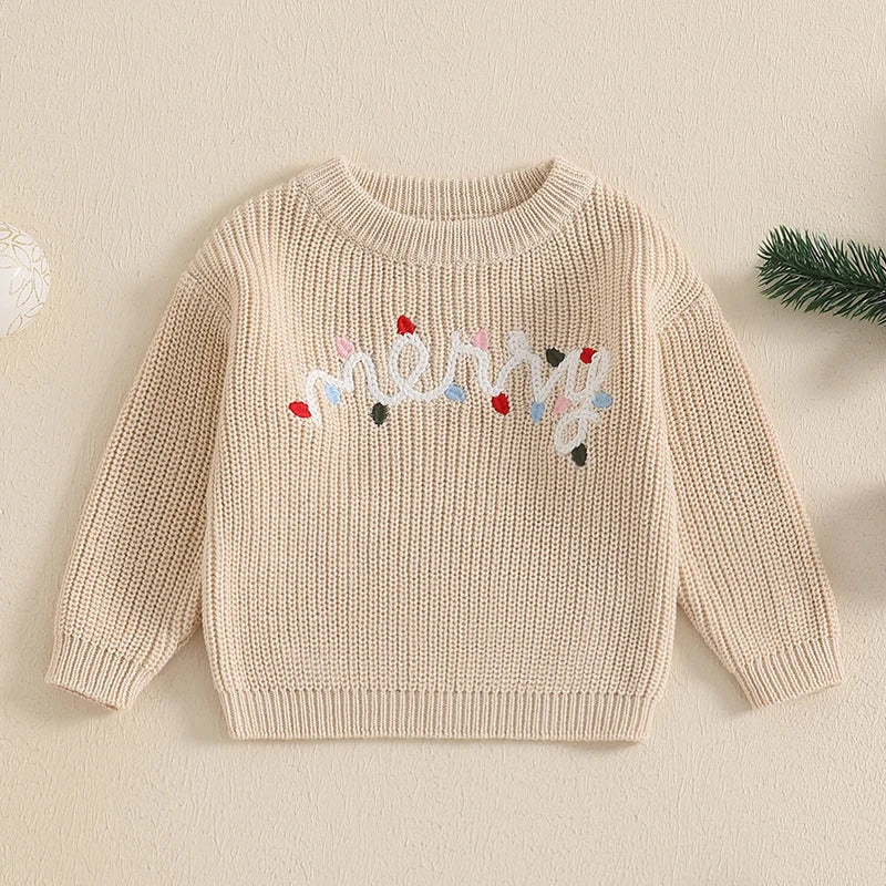 Baby Boys Girls Christmas Sweater 0-3Y Letter Light String Embroidery Long Sleeve Knitwear Top