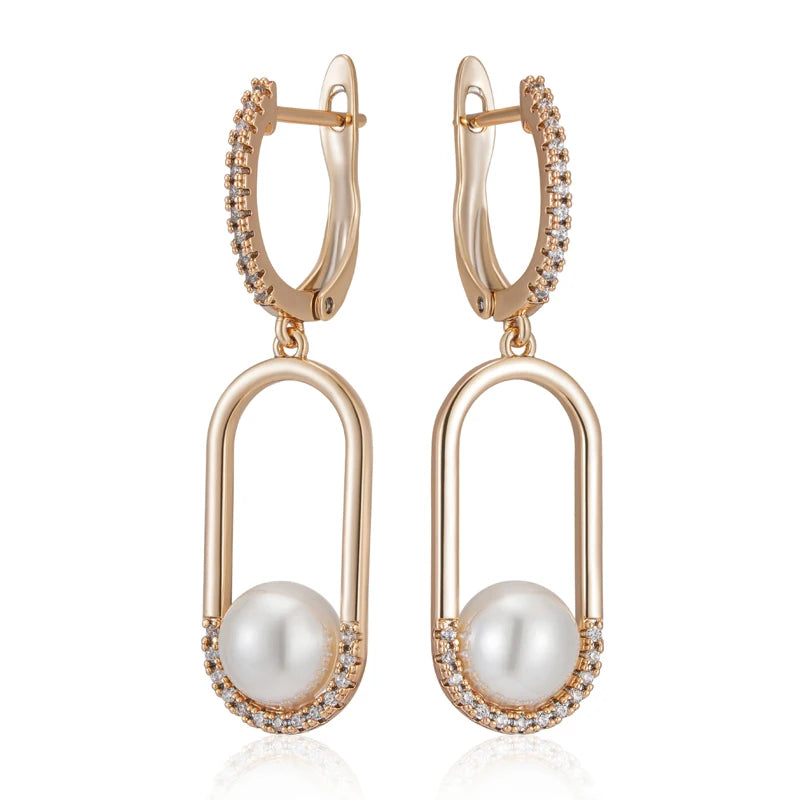 Women's  Unique Geometric Natural Zircon 585 Rose Gold Pearl Long Drop Earrings