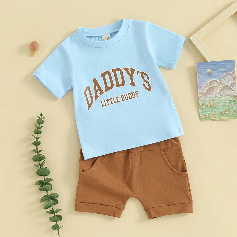 0-3Y Toddler Baby Boy Summer Clothes Set- 2pcs Letter Print Short Sleeve T-Shirt with Elastic Waist Solid Colour Shorts