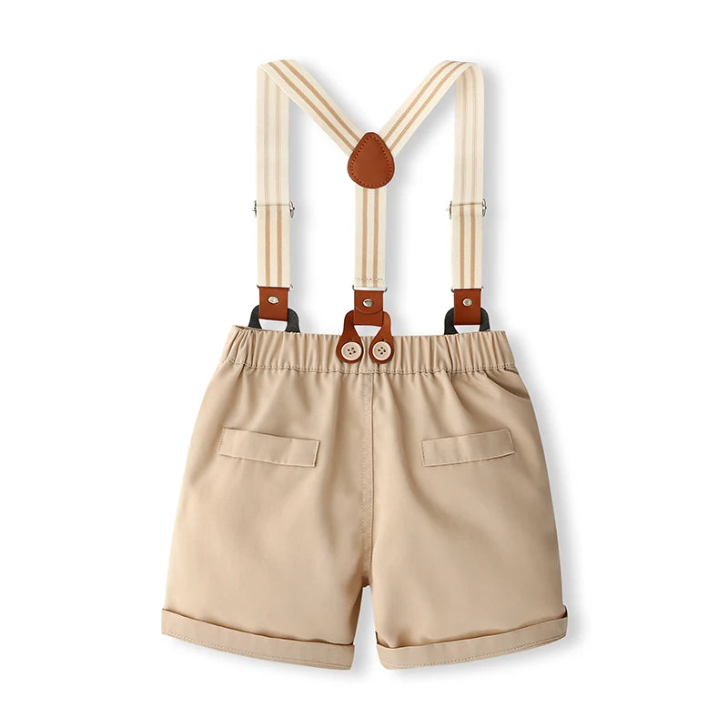 1-5Y Toddler Kids Boys Clothes Set 2pcs Solid Color Short Sleeve Button Shirt with Suspend Shorts Gentleman Outfit