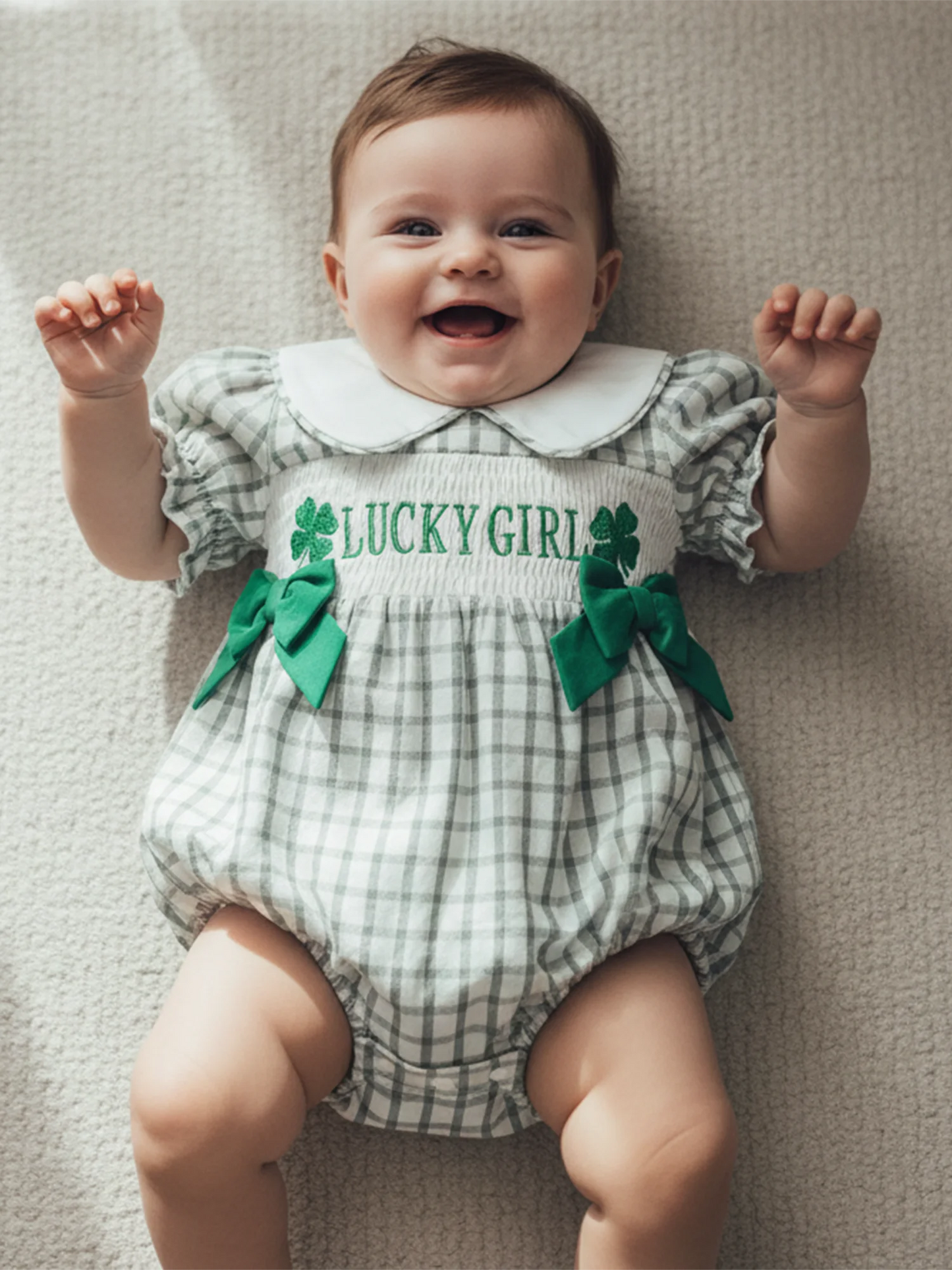 Newborn Baby Girls Boys Irish Plaid Clover Embroidered Short Sleeve Doll Collar Romper