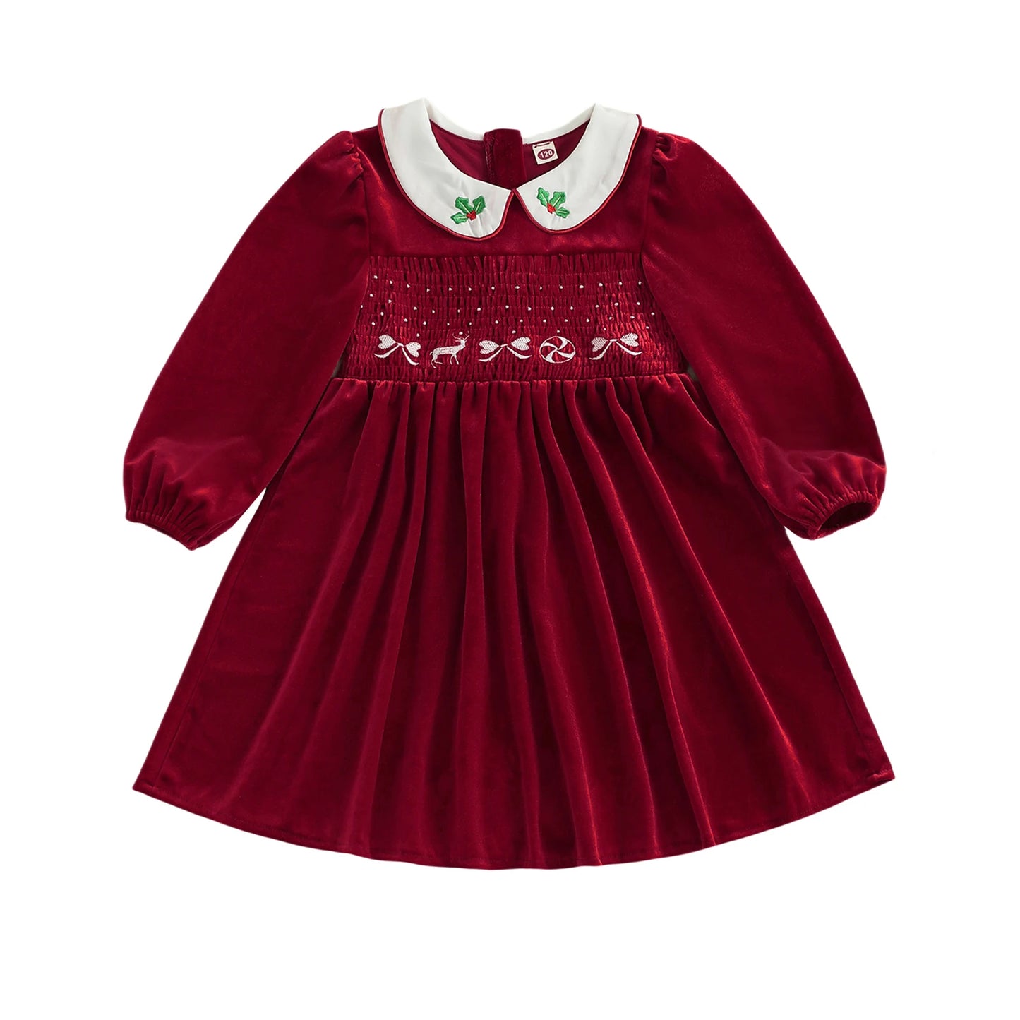 Little Girl's Velvet Christmas Dress - Deer Bow Holly Embroidered Smocked A-Line