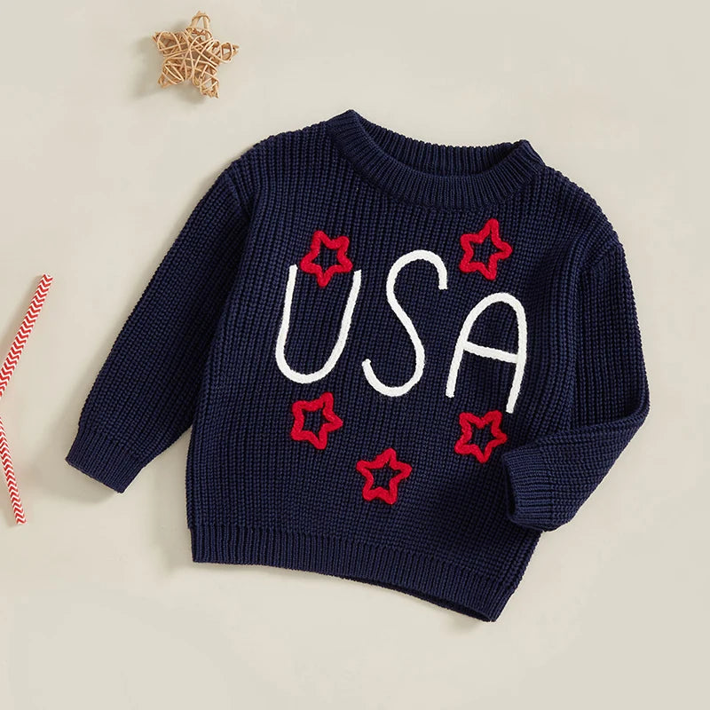 0-5Y USA Kids Boys Girls Sweater Letter Star Embroidery Long Sleeve Crew Neck Knitted Pullover Tops