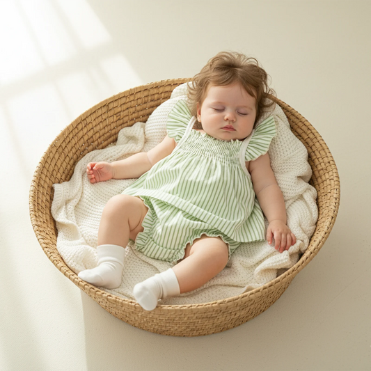 Baby Girls Striped Summer Outfit Set - Flying Sleeve Top & Shorts (0-24M)