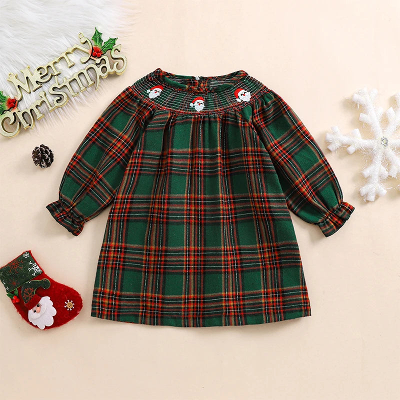 Christmas Santa Embroidery Plaid A-Line Dress - Girls Long Sleeve Festive Dress