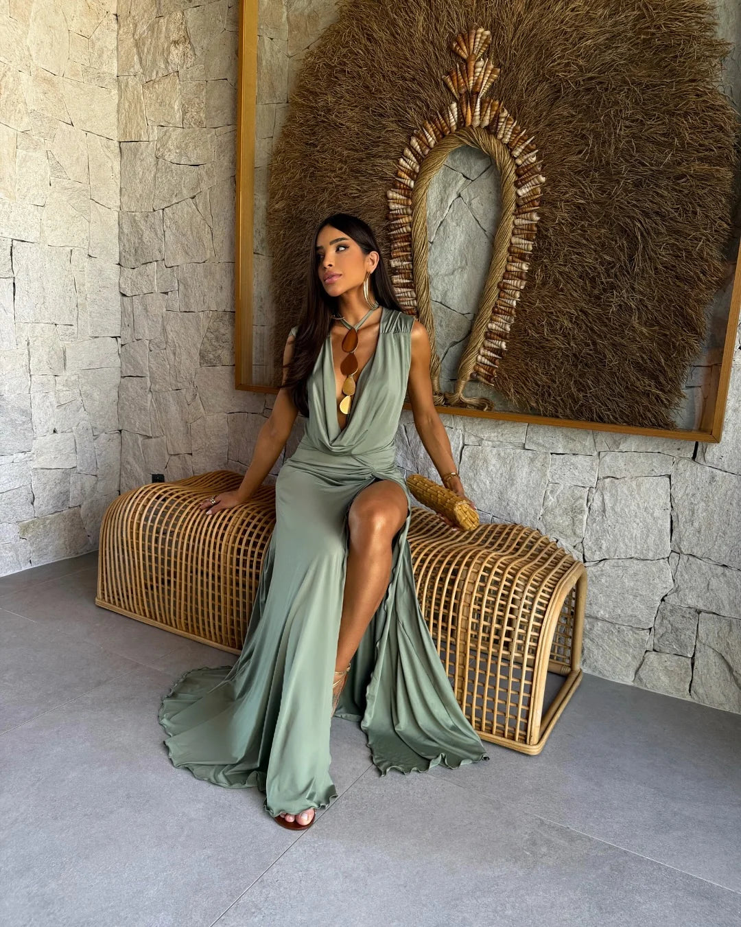 Women's Chiffon Metallic Cut-Out Dress - V-Neck Backless Halter with Ruched Detail