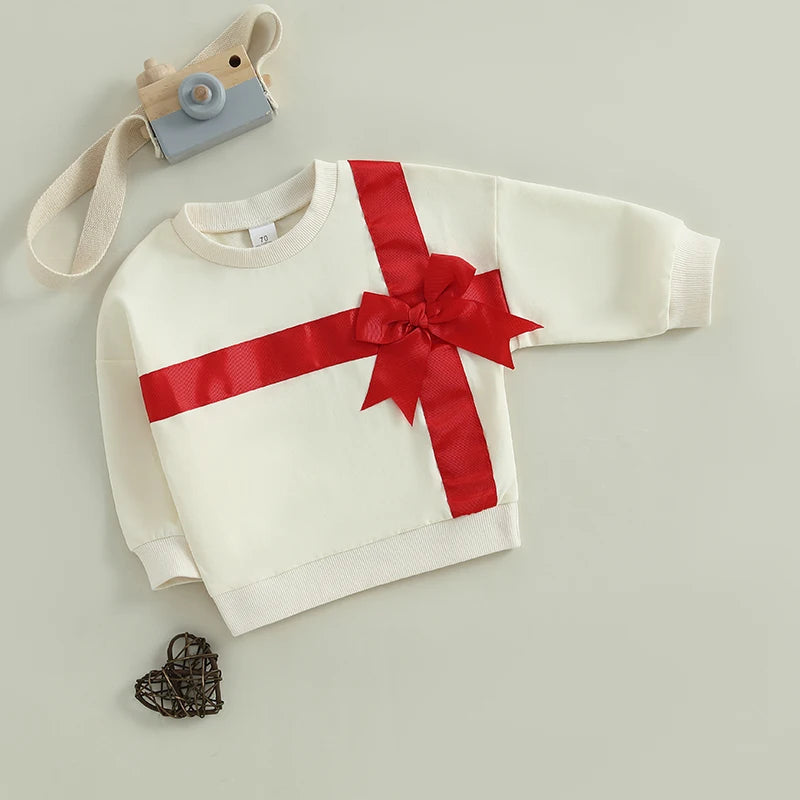 0-3Y Valentines Days Baby Girls Spring Sweatshirt T Shirts 3D Bow Present Box Patchwork Long Sleeve Pullover Loose Top