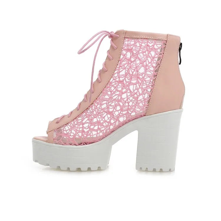 Women's Open Toe Summer Short Back Zipper Leather Mesh Hollow Cool Boots