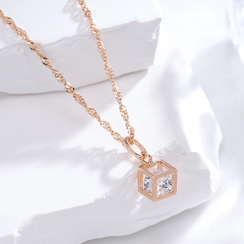 Women's 585 Rose Gold Colour Natural Zircon Hollow Square Pendant Necklace