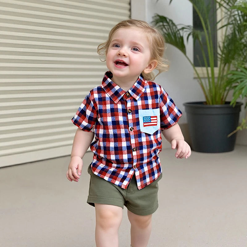 0-5Y American Flag Kids Boys Shirts Short Sleeve Plaid Print Button Down Shirts Toddler Summer Top