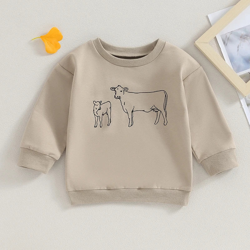 0-4Y Autumn Infant Baby Boys Girls Western T Shirts Cow Cattle Print Long Sleeve Pullover Sweatshirt Top