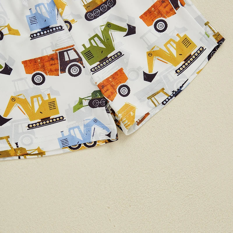0-4Y Kids Boys Clothes Set Short Sleeve Excavators Print Pocket T Shirts Tops and Shorts Set