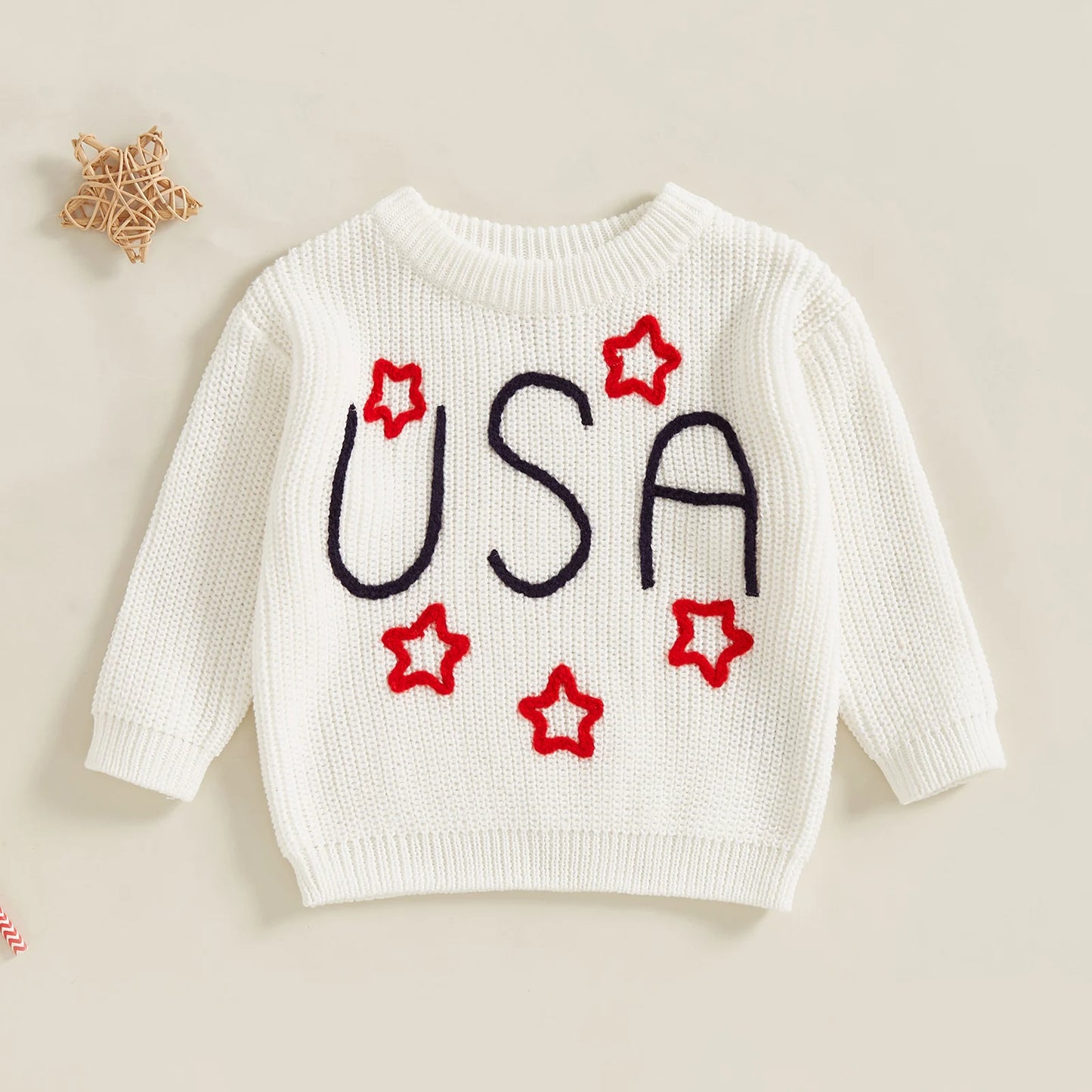 0-5Y USA Kids Boys Girls Sweater Letter Star Embroidery Long Sleeve Crew Neck Knitted Pullover Tops