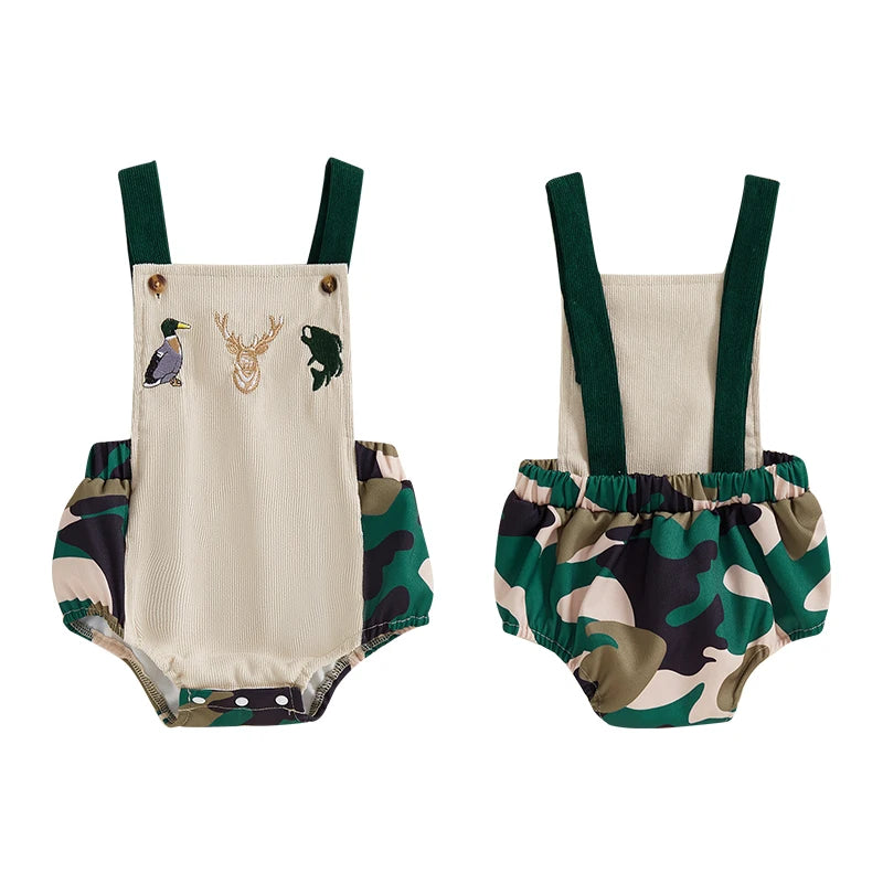 0-18M Baby Boys Romper Summer Sleeveless Square Neck Animal Embroidery Camouflage Print Newborn Overalls