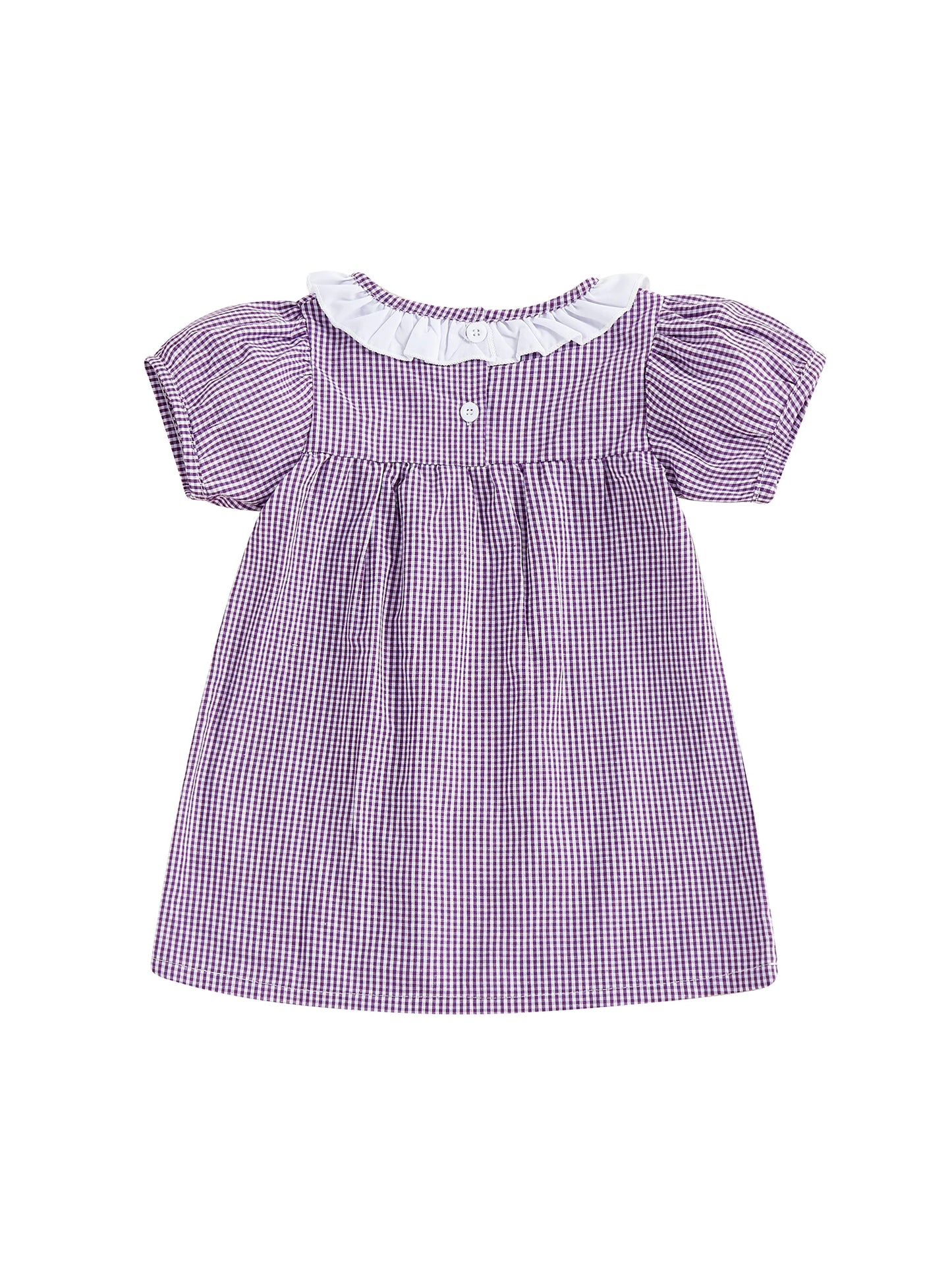 Girls Plaid A-Line Dress - Cartoon Embroidered Ruffle Trim Short Sleeve