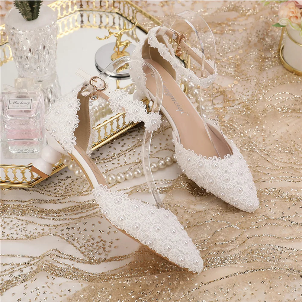 Women's 5cm Round Heel Shaped Heel Pearl Sandals