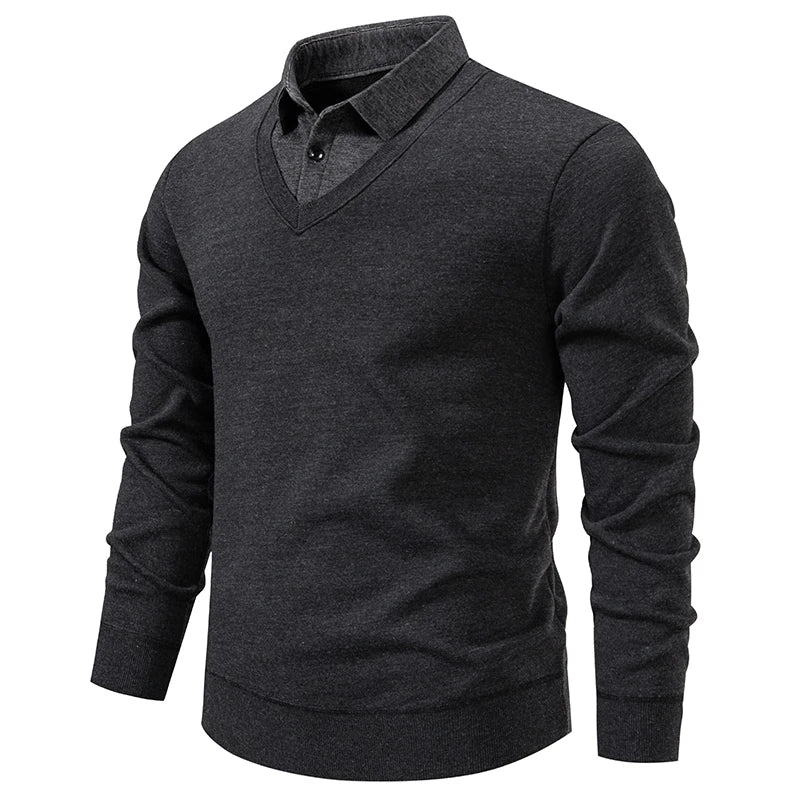 Men's Fake Two-Piece Knitted Pullover - Slim Fit Turn Down Collar Sweater