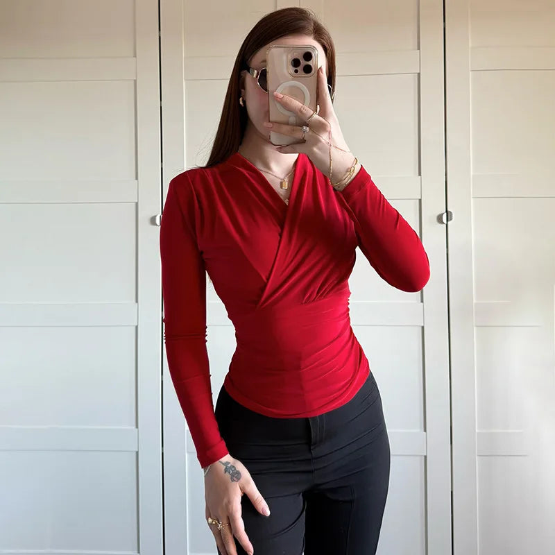 Women's Cross-Neck Slim Long Sleeve Elegant Ruched Top