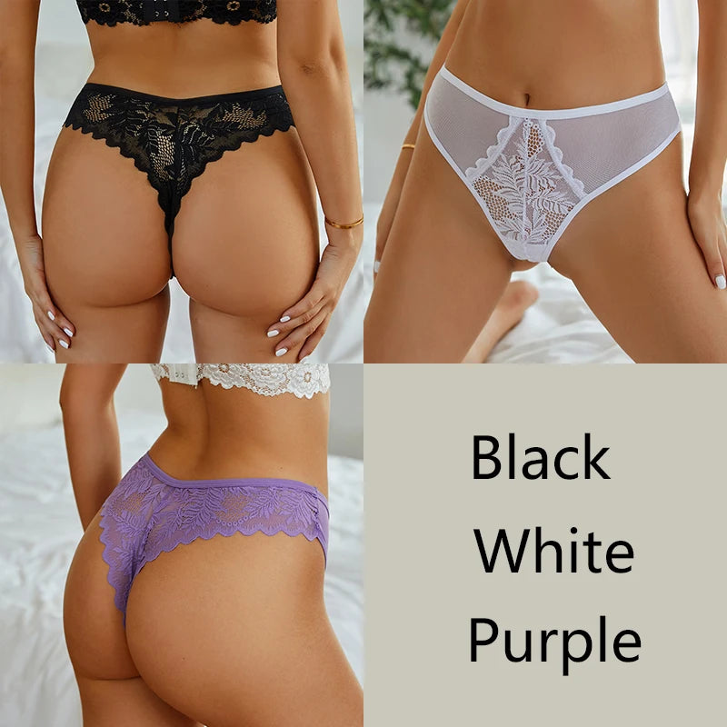 Women's 3Pcs/set Thongs  Lace Floral Bikini Underpants  Low-Rise G-string Underwear Thong Panties Lingerie
