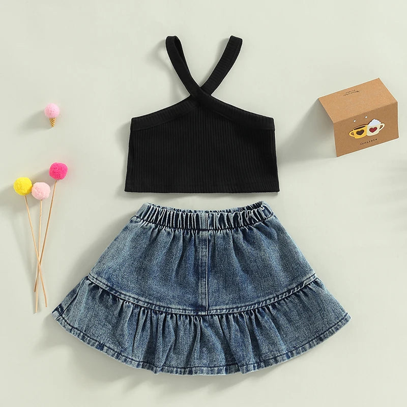 1-5Y Fashion Kids Girl Summer Clothes Sets -  Solid Colour Ribbed Camisole Elastic Denim Skirt Set