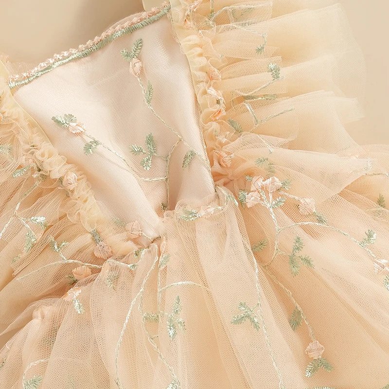 Baby Girls Summer Romper Dress with Headband - Floral Embroidery Tulle Jumpsuit