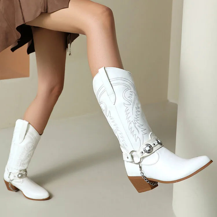Women's Tapered Circular Metal Chain Chelsea Bohemian Pointed Leather Knee High Boots