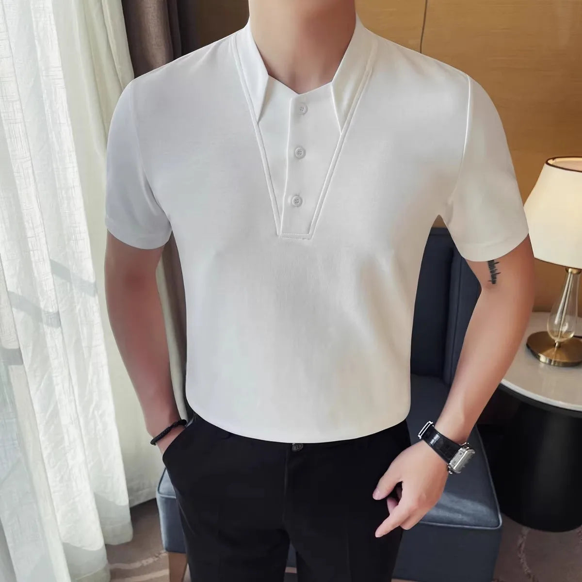 Men's Summer Polo Korean Style Turn Down Collar Short Sleeve Slim Fit Fake Two Pieces T-Shirt