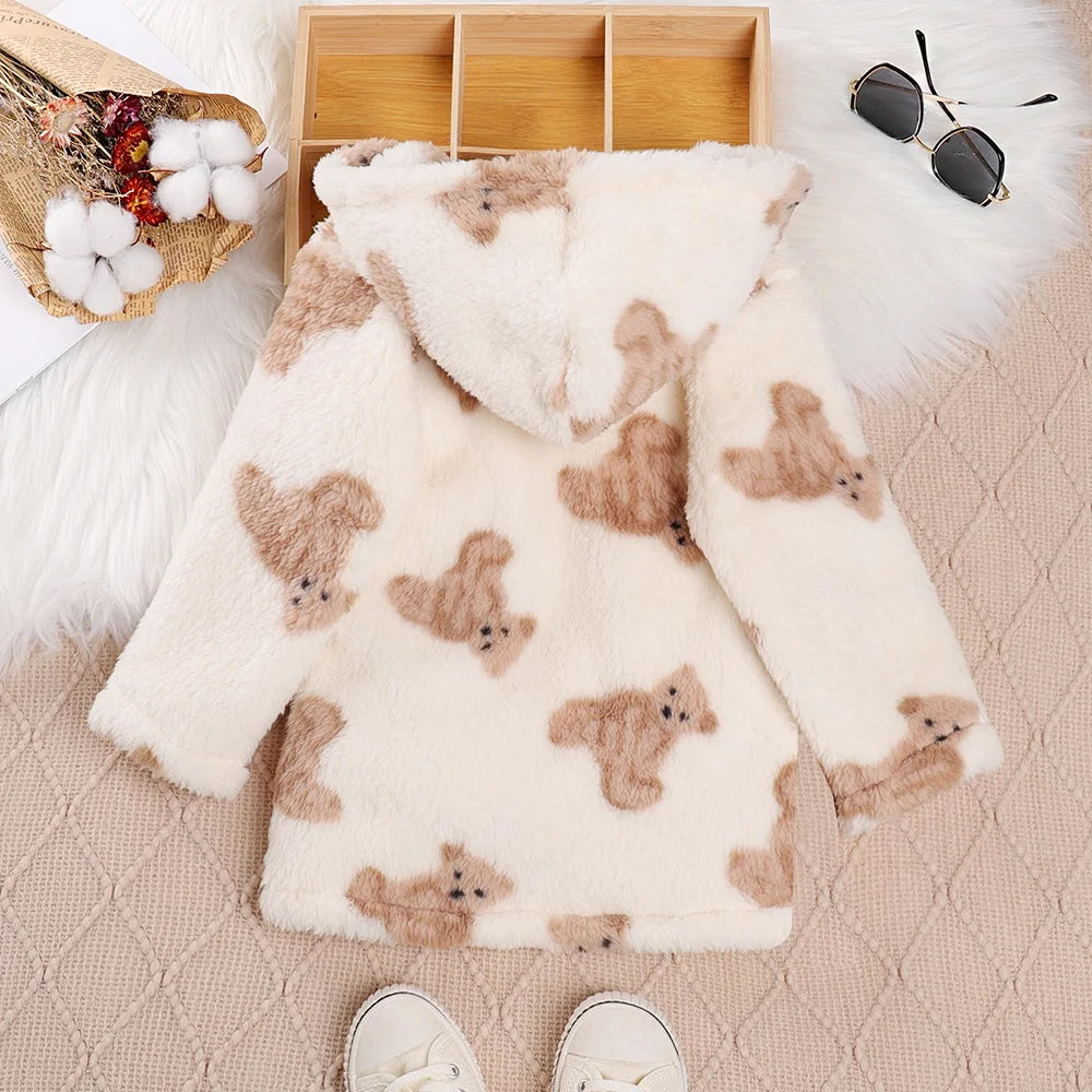 Children's Girl's Bear Print Faux Fur Fleece Coat with Bag