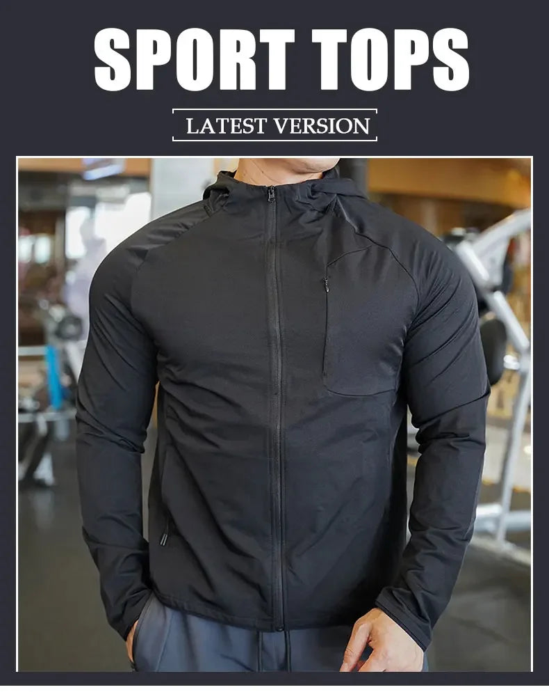 Men's Nylon Sport Coat Gym Fitness Hoodies Outdoor Workout Tops Hooded Training Running Zipped Jacket