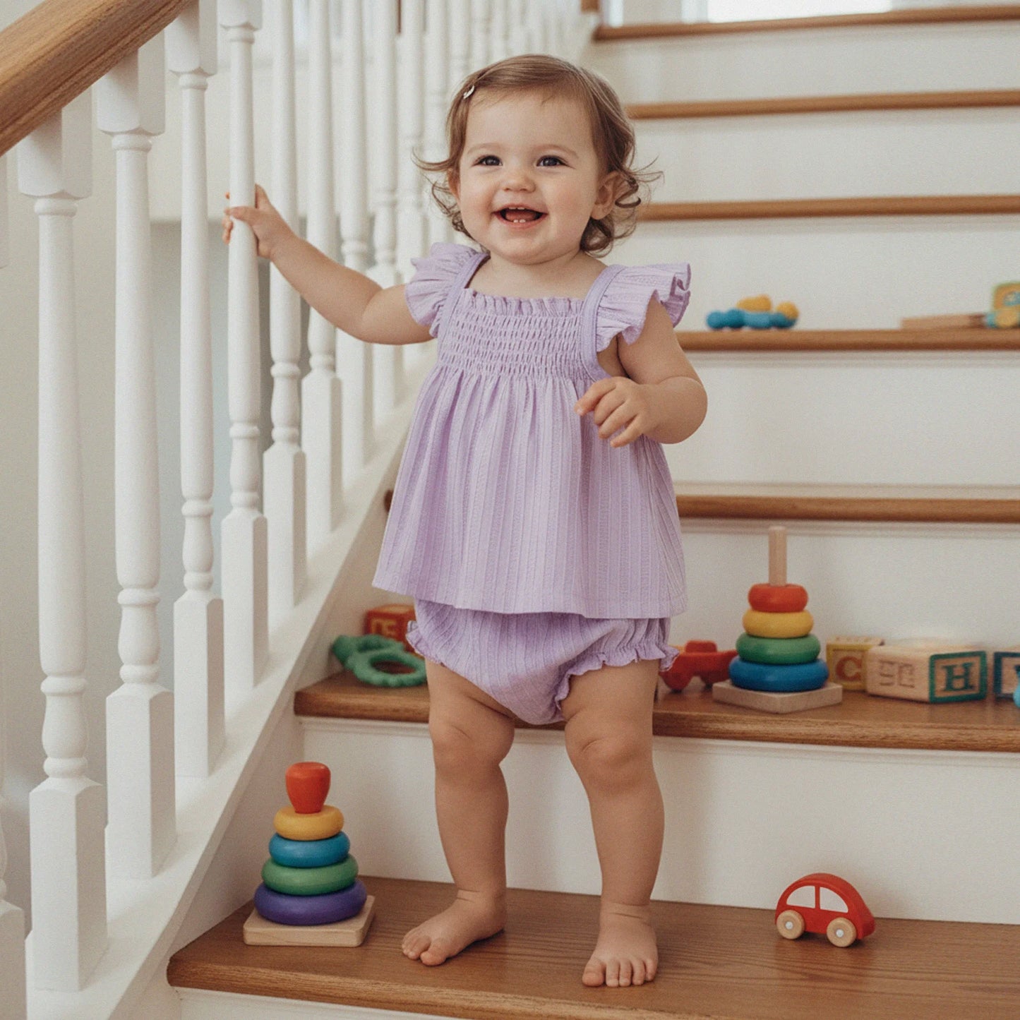 Baby Girls Summer Outfit Set - Flying Sleeve Top & Ruffle Shorts (0-24M)