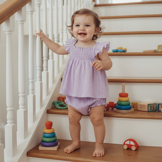 Baby Girls Summer Outfit Set - Flying Sleeve Top & Ruffle Shorts (0-24M)