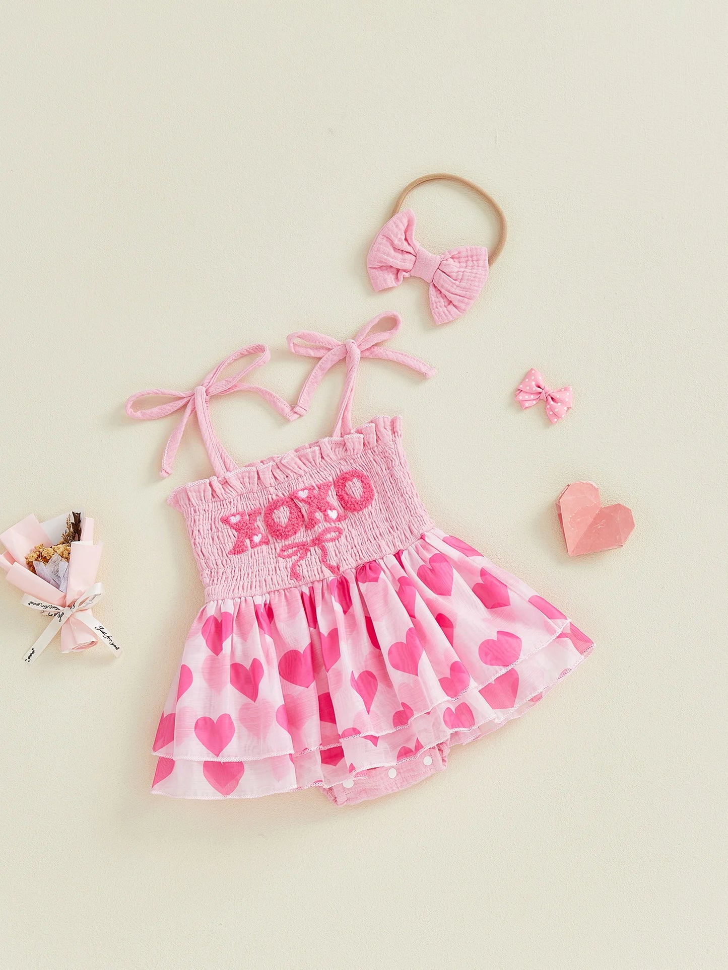 Baby Valentine's Day Romper Set - Letter Embroidery Jumpsuit with Bow Headband