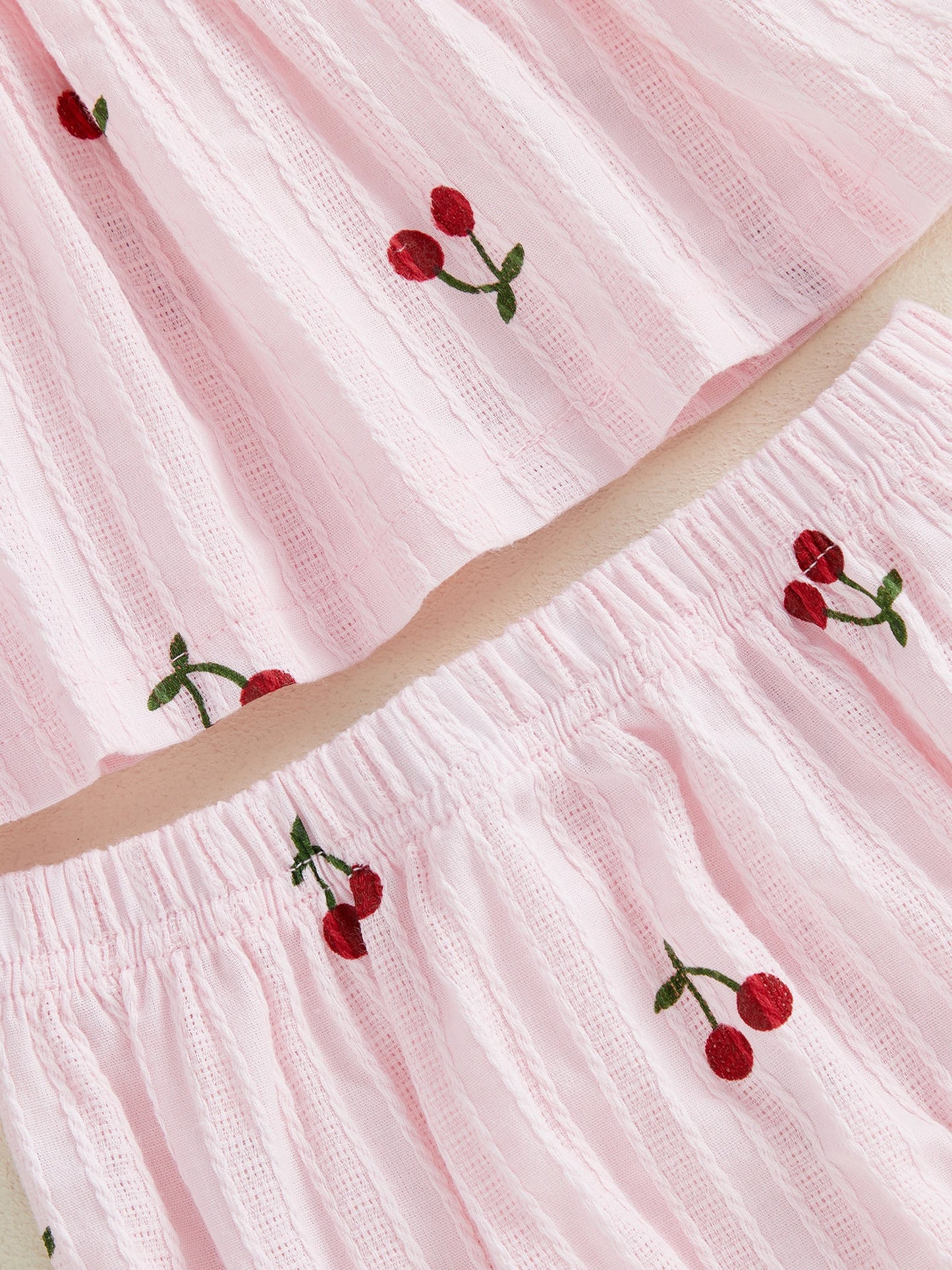 Baby Girls Summer Outfit Set - Cherry Print Square Collar Top with Ruffled Shorts & Headband 0-24M