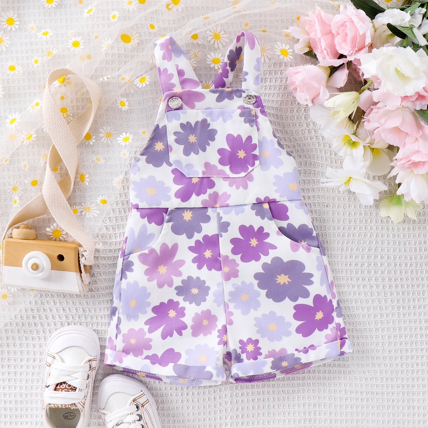 0-4Y Toddler Kids Girls Overalls Rompers Sleeveless Strap Sunflowers Print Buttons Pockets Jumpsuit