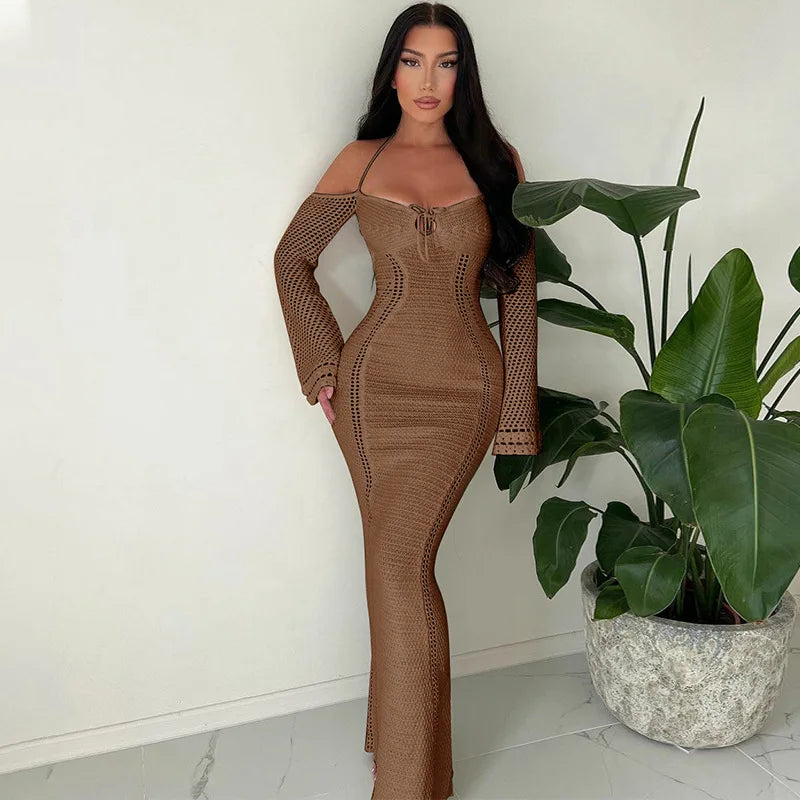 Women's Off Shoulder Halter Knit Dress - Long Sleeve Elegant Backless Tie Front Maxi Dress