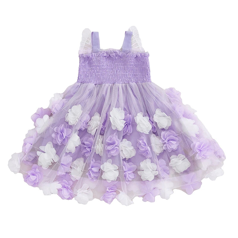 0-4Y Kids Girls Sleeveless Strap 3D Roses Lace Tulle Layered Dress with Wings