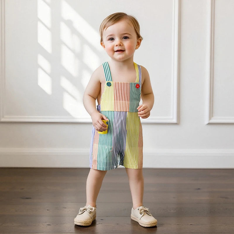0-4Y Toddler Kids Boys Girls Overalls Shorts Loose Fit Striped Print Contrast Infant Jumpsuit