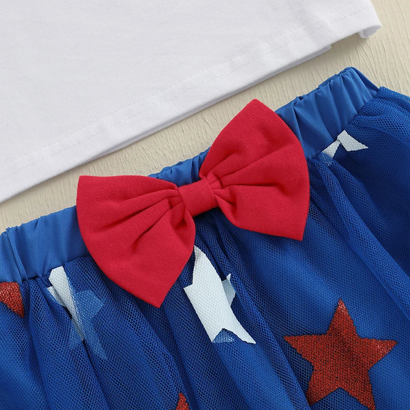 0-4Y Summer Kids Girls USA Clothes Set Short Sleeve Letter Bow Embroidery T Shirts Star Tulle Skirt