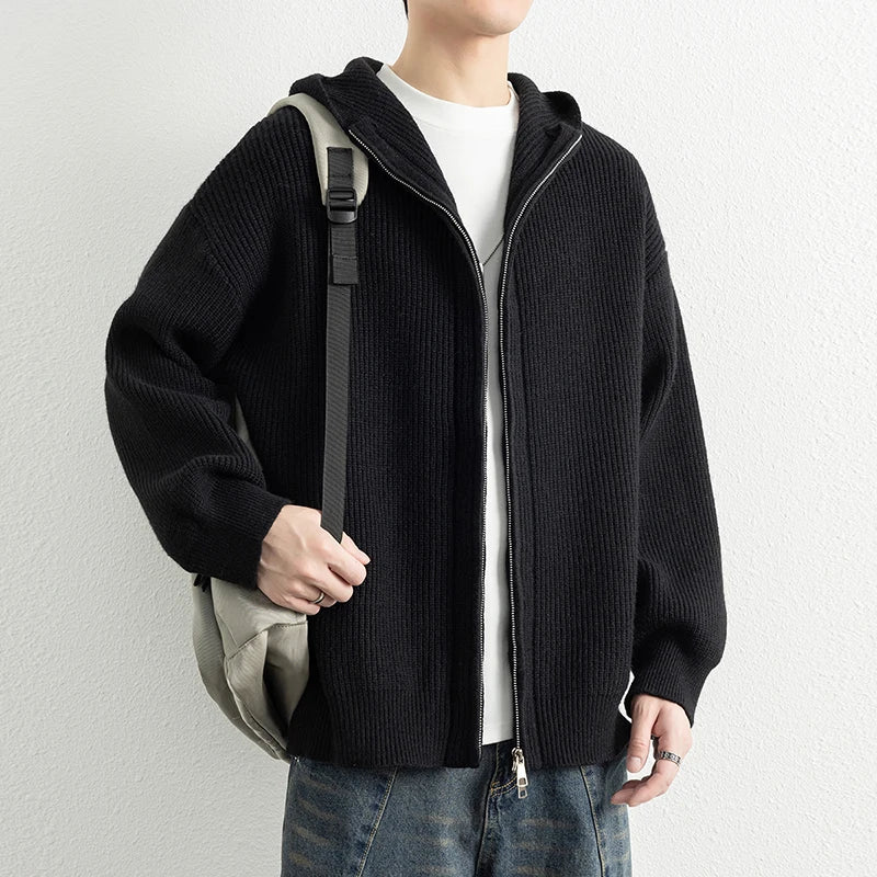 Hooded Zip Knit Sweatercoat - Casual Loose Fit Cardigan