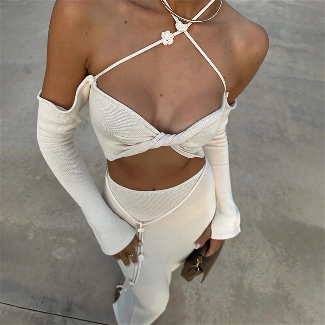 Knit Halter Tube Top & Slit Maxi Skirt Two-Piece Set