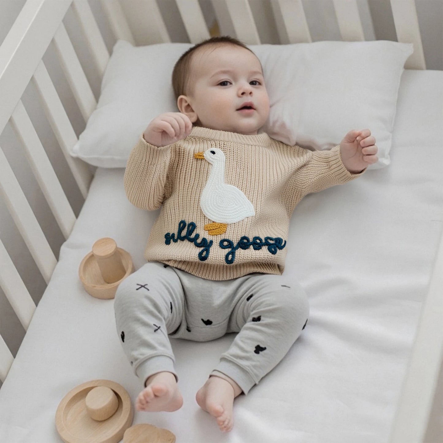 Toddler Baby Goose Sweater - Animal Letter Embroidered Crewneck Chunky Knit