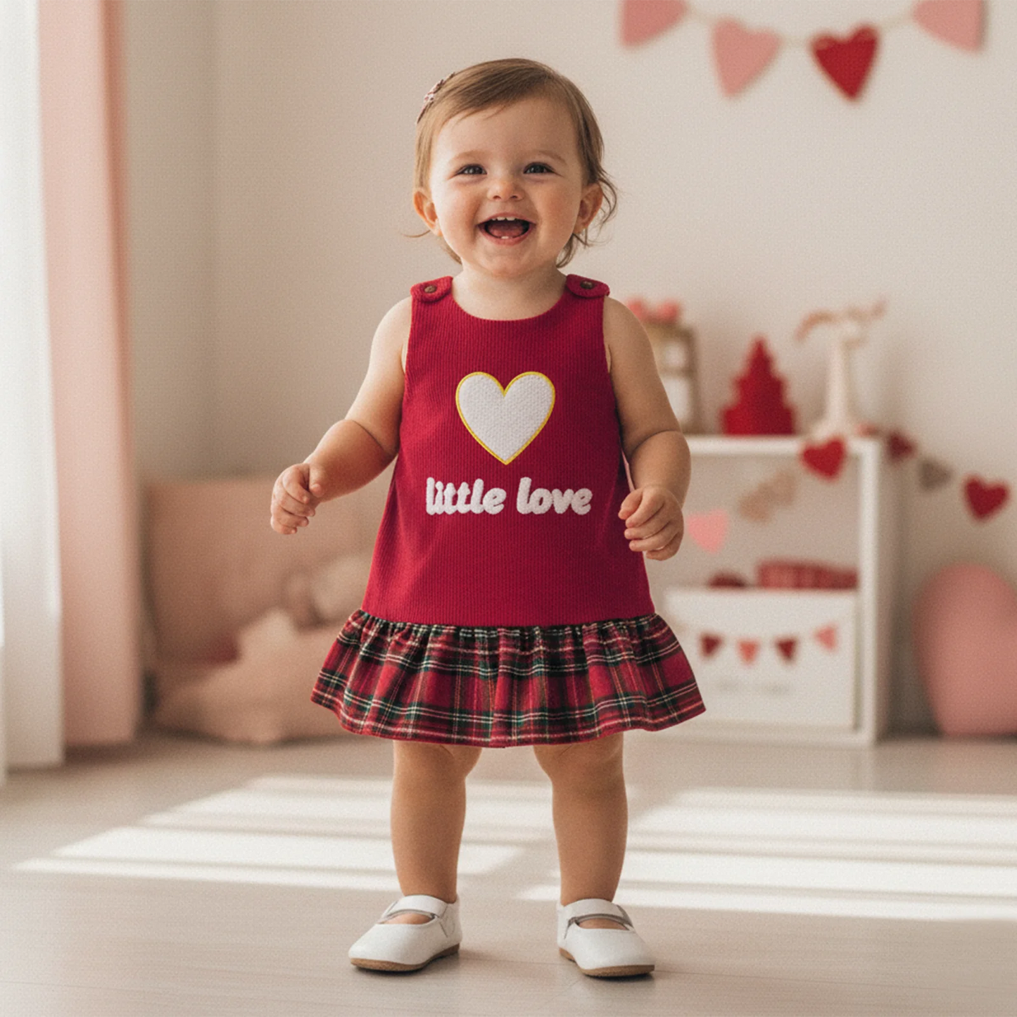 Baby Girls Valentine's Day Heart Embroidered Sleeveless Layered Ruffle Overall Dress