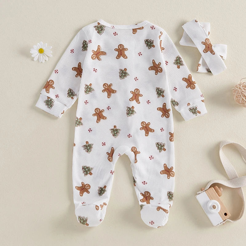 Baby Girls Boys Christmas Footies Jumpsuit Long Sleeve Gingerbread Print Ruffle Romper with Headband