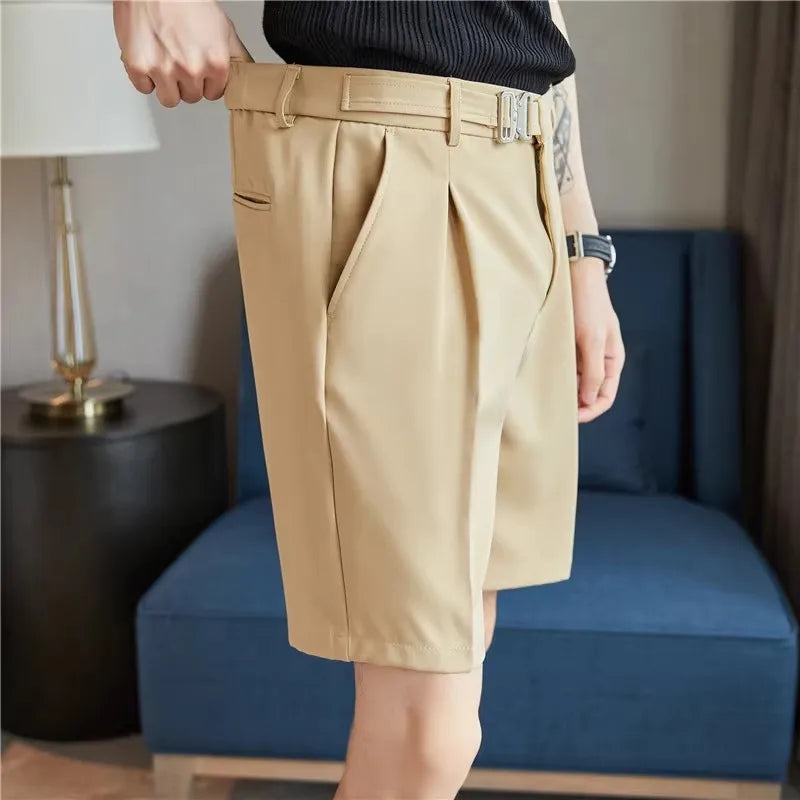 Men's Elastic Waist Suit Shorts - Slim Fit Casual Knee Length